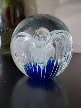 Blue and White Glass Art Paperweight Sphere - Decorative Home Accent**not a Bund